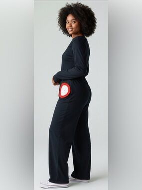 Up cycled new Black Jumpsuit with Red & White Crochet Pocket Accents size 1x